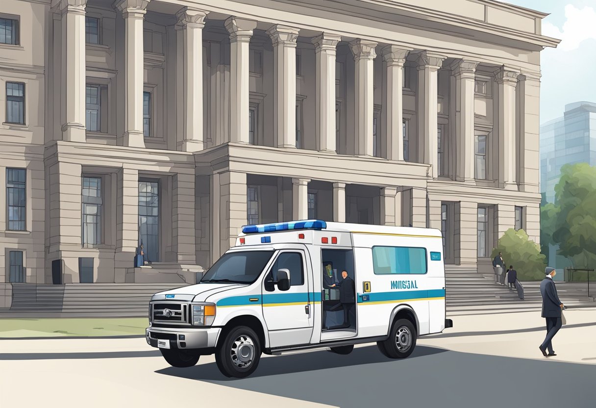 Uma ambulância particular estacionada em frente a um prédio governamental, com oficiais inspecionando e discutindo documentos legais e regulamentos.