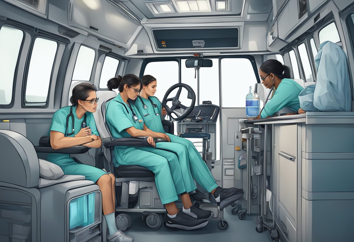 Um grupo de profissionais médicos qualificados trabalhando juntos para fornecer atendimento dentro de uma ambulância particular, com um senso de urgência e importância.