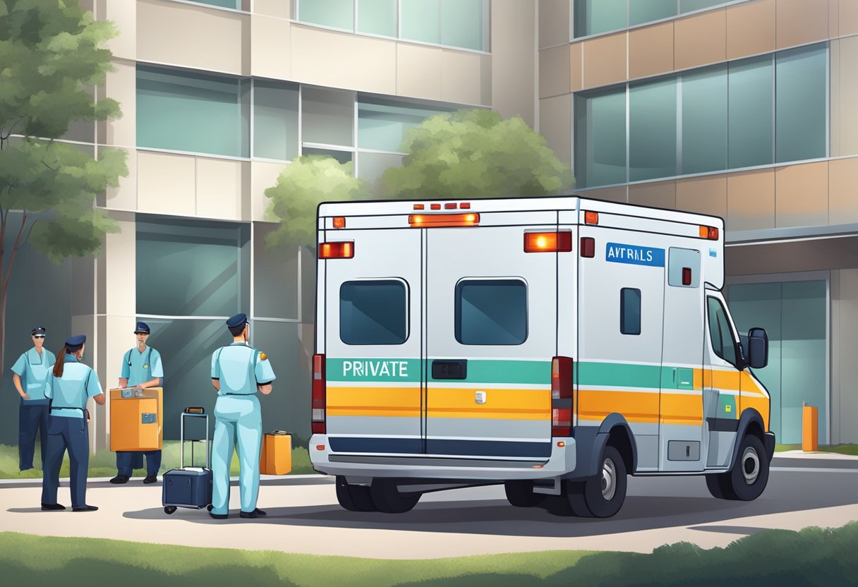 Uma ambulância particular estacionada do lado de fora de um hospital, com paramédicos descarregando equipamentos médicos