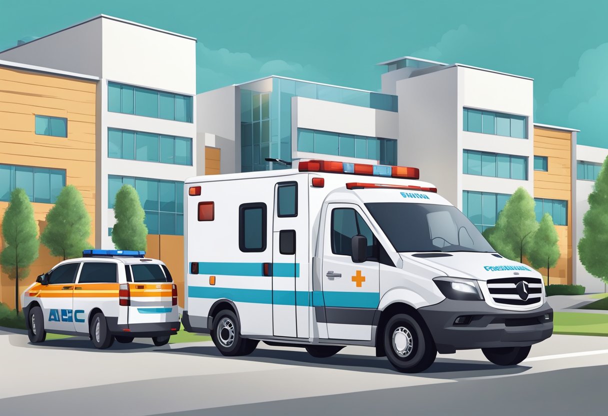 Uma ambulância particular estacionou do lado de fora de um hospital moderno, com paramédicos descarregando equipamentos médicos e se preparando para transportar um paciente.