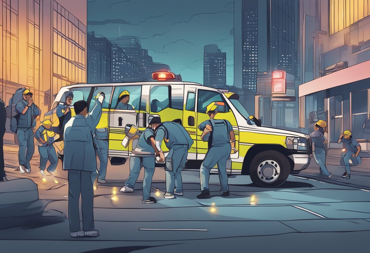 Urgência e Emergência: Conceitos e Diferenças Essenciais 1 Uma pessoa chamando desesperadamente por ajuda enquanto uma equipe médica corre para a cena com luzes piscando e sirenes.