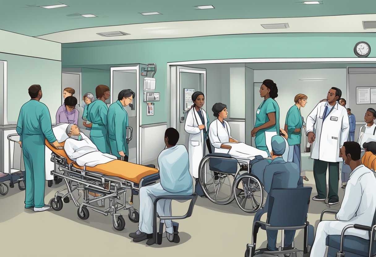 Uma sala de emergência movimentada com profissionais de saúde atendendo pacientes em macas e cadeiras de rodas, enquanto outros aguardam ansiosamente na área de espera.