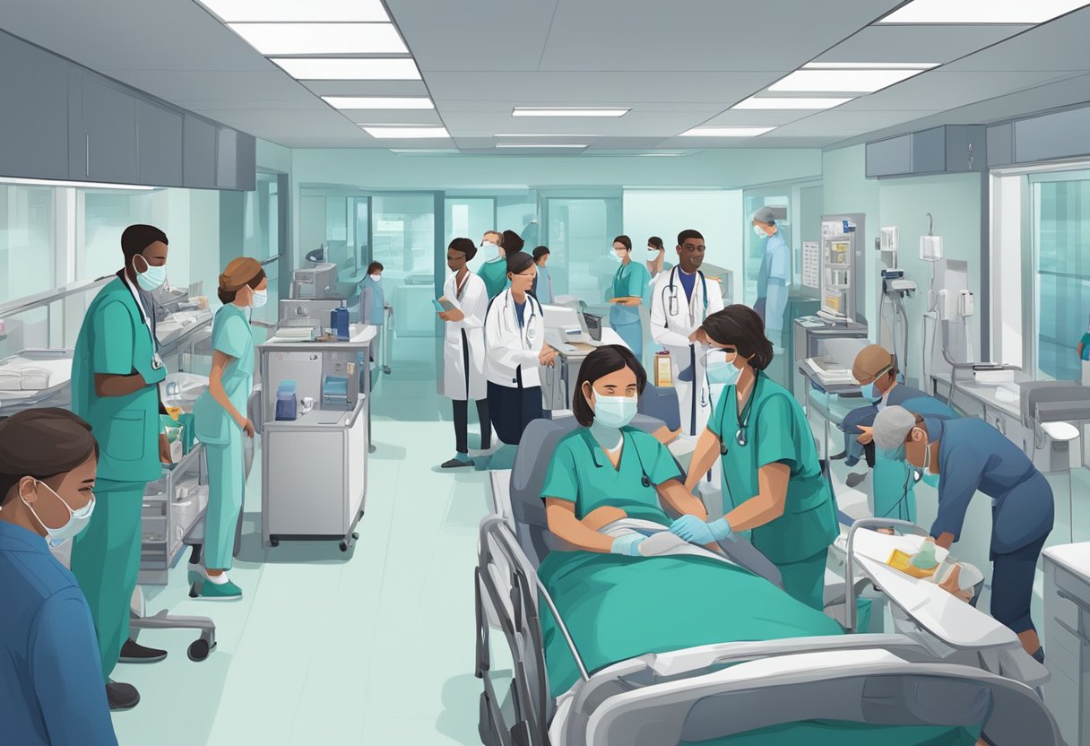 Uma equipe médica atende rapidamente a um paciente em uma sala de emergência lotada, com equipamentos e suprimentos espalhados ao redor.