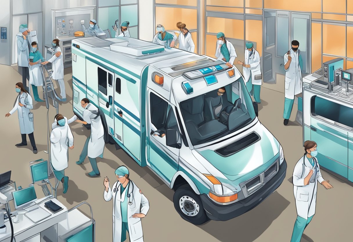 Uma equipe de profissionais de saúde respondendo rapidamente a uma emergência, cercada por equipamentos médicos e com um senso de urgência no ar.