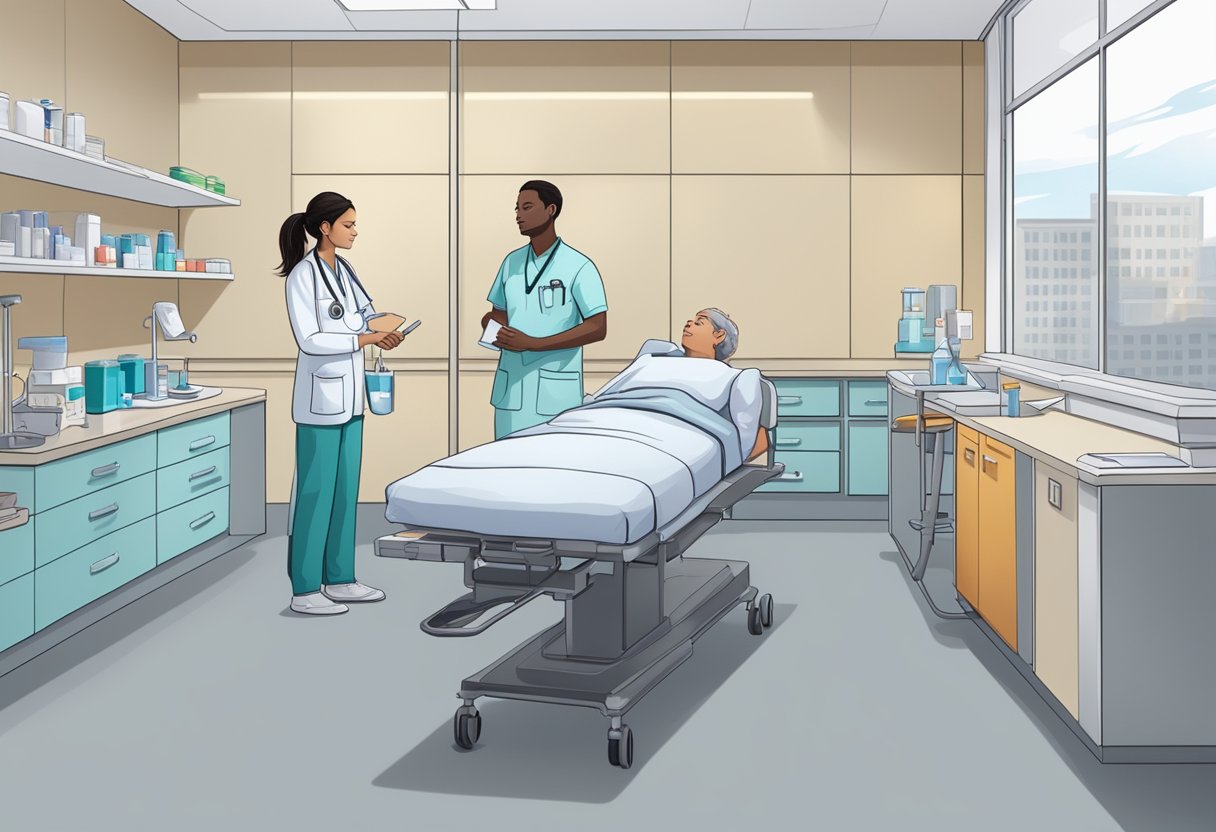 Um profissional de saúde atendendo calmamente um paciente com uma lesão leve em um ambiente de atendimento de urgência limpo e organizado.