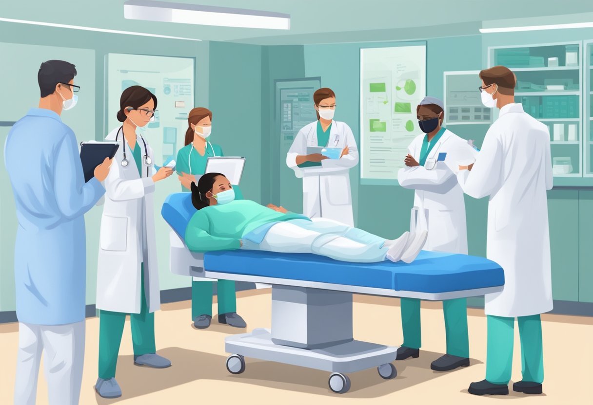 Uma equipe médica em treinamento em procedimentos de urgência, com equipamentos e materiais instrucionais