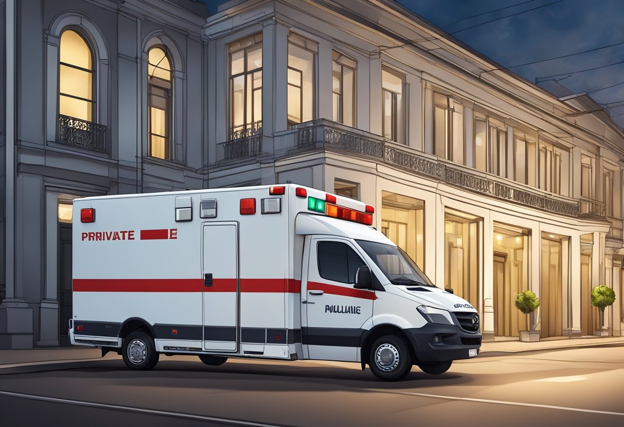 Uma ambulância particular estacionada do lado de fora de um prédio com suas luzes piscando, pronta para fornecer serviços médicos em Curitiba.