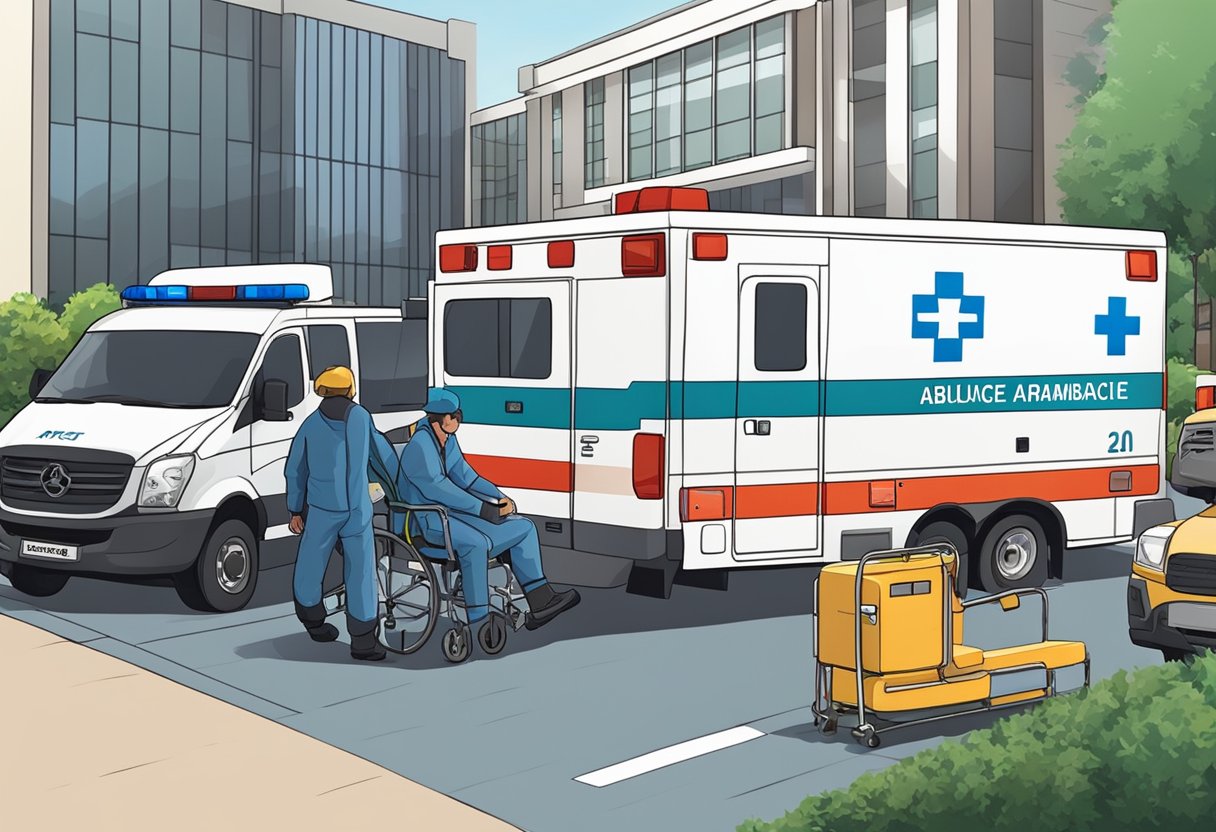 Uma ambulância estacionada do lado de fora de um hospital em Curitiba, com paramédicos colocando um paciente em uma maca.