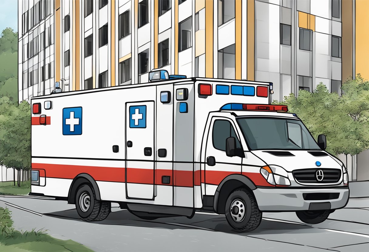 Uma ambulância estacionada do lado de fora de um prédio em Curitiba, com uma equipe médica fornecendo cobertura para um evento.