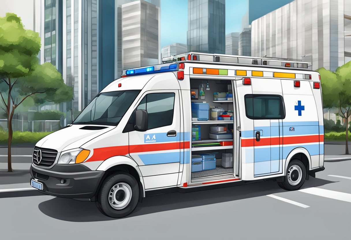 Uma ambulância particular em Curitiba, Brasil, com equipamentos médicos e suprimentos de apoio