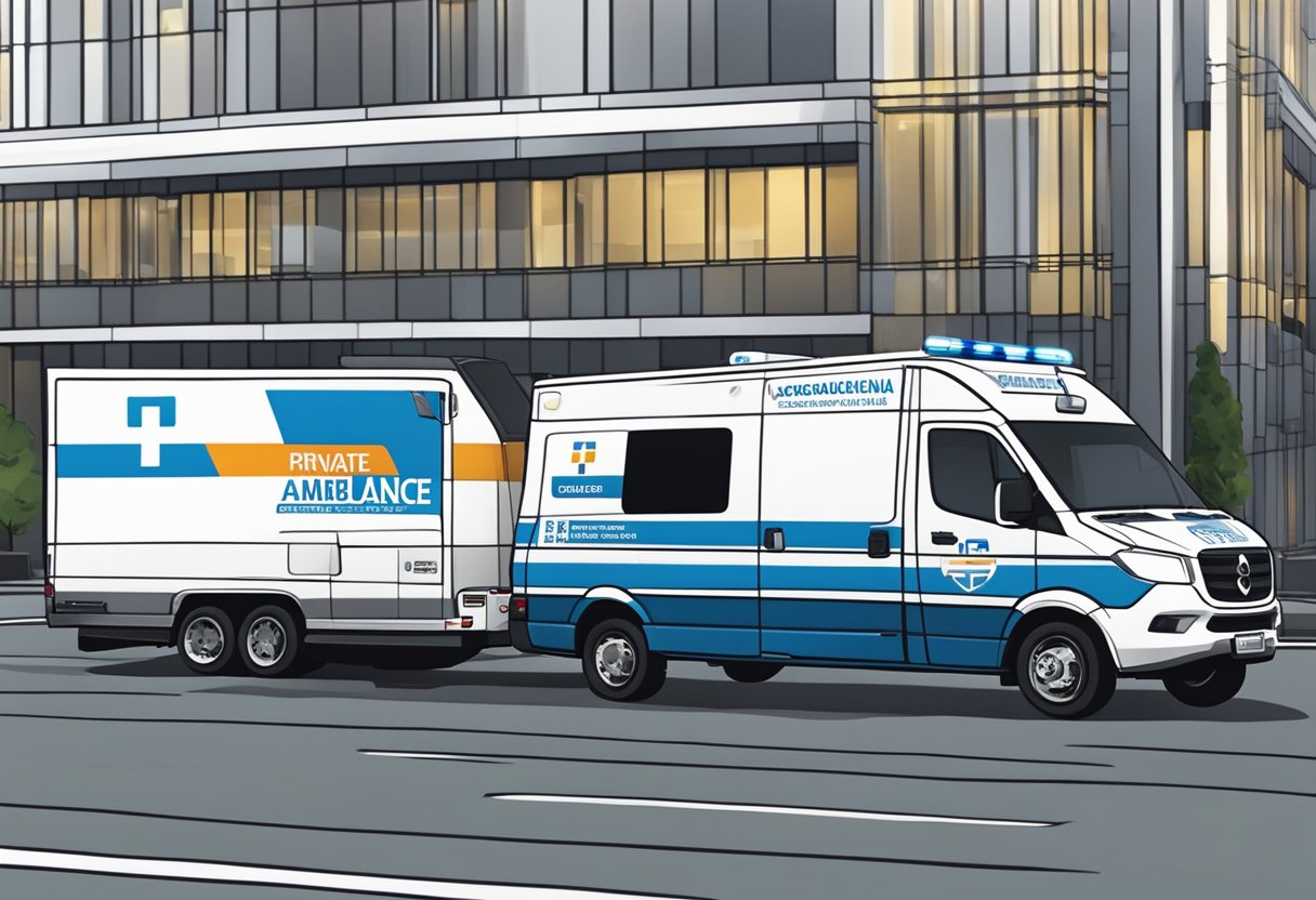 Uma ambulância particular estacionada em frente a um edifício de escritórios corporativos em Curitiba, com um cartaz anunciando serviços corporativos e planos de saúde.