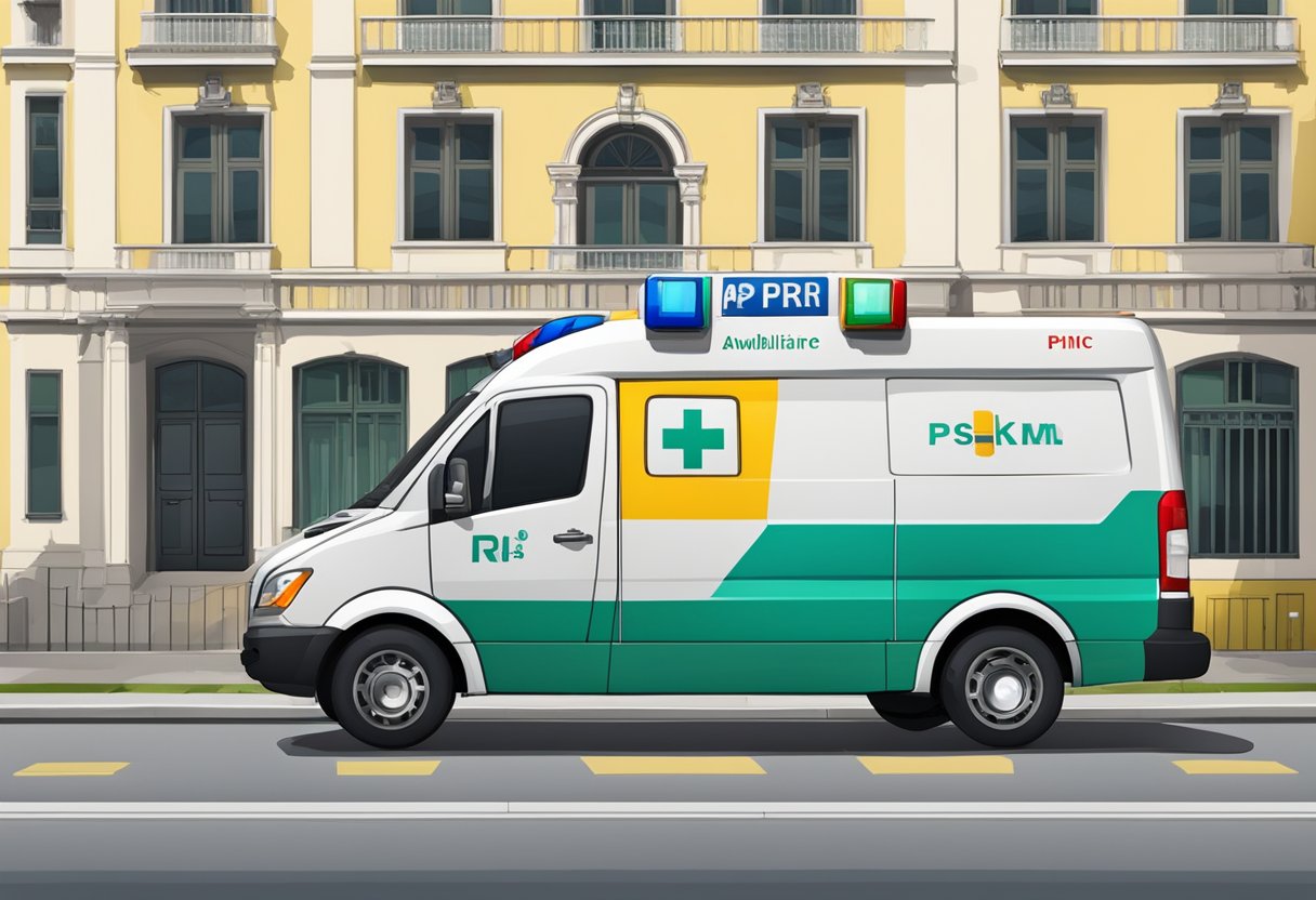 Uma ambulância privada estacionada do lado de fora de um prédio em Curitiba, com um sinal claro indicando informações de disponibilidade e preços.