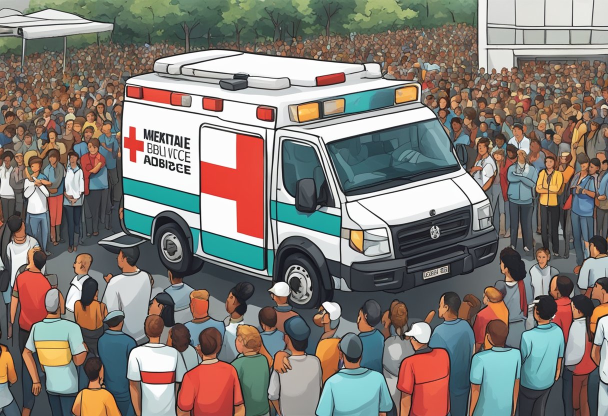 Uma ambulância estacionada do lado de fora de um local, com uma cruz vermelha na lateral, cercada por uma multidão de pessoas em um evento em Curitiba