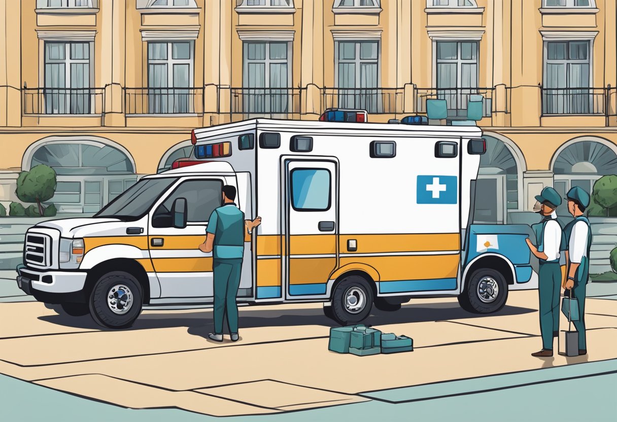 Uma ambulância estacionada do lado de fora de um local, com a equipe do evento organizando equipamentos e se preparando para assistência médica.