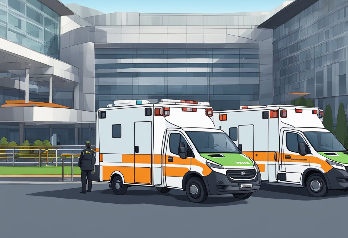 Uma ambulância estacionada do lado de fora de um grande centro de eventos em Curitiba, com paramédicos e equipamentos prontos para logística e operações.