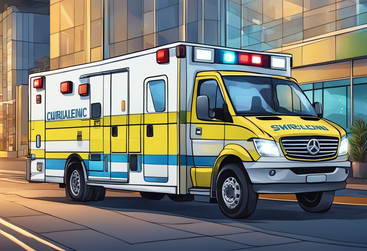 Uma ambulância estacionada do lado de fora de um local de eventos em Curitiba, com luzes piscando e equipamentos médicos visíveis através das janelas.
