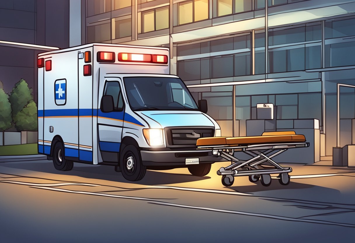 Empresas de Ambulância: Escolhendo o Serviço Certo para Emergências 1 Uma ambulância estacionada do lado de fora de um hospital, com paramédicos carregando uma maca na parte de trás enquanto luzes de emergência piscam no veículo.