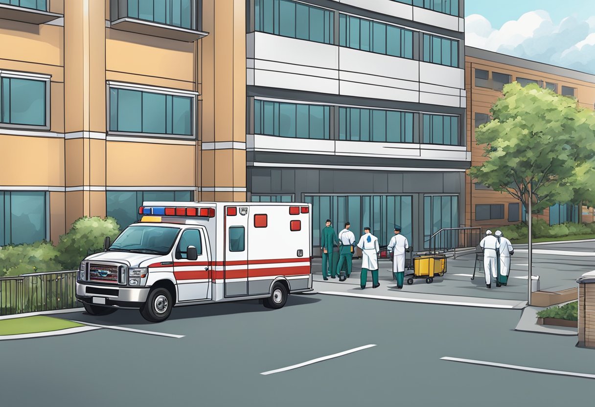 Empresas de Ambulância: Escolhendo o Serviço Certo para Emergências 2 Uma ambulância estacionada do lado de fora de um hospital, com paramédicos descarregando equipamentos médicos.