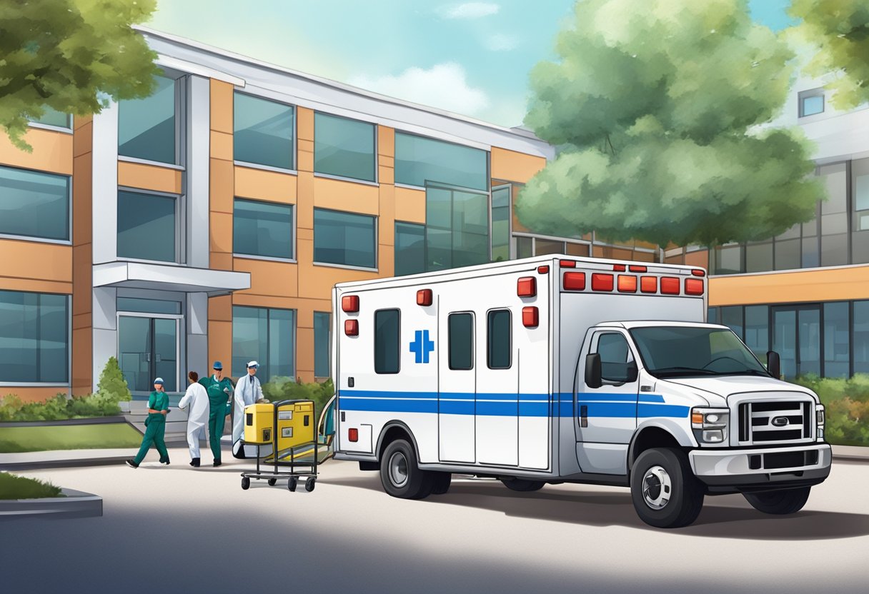 Empresas de Ambulância: Escolhendo o Serviço Certo para Emergências 3 Uma ambulância estacionada do lado de fora de um hospital, com paramédicos carregando equipamentos médicos.