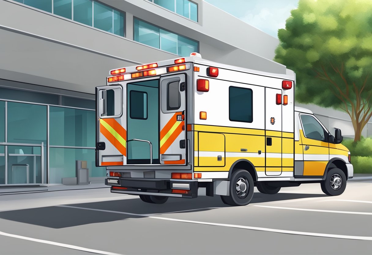Empresas de Ambulância: Escolhendo o Serviço Certo para Emergências 4 Uma ambulância com luzes piscando e uma maca estacionou do lado de fora de um hospital, com equipamentos médicos visíveis através das portas abertas.