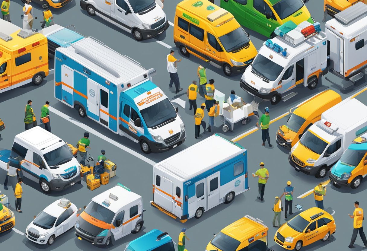 Empresas de Ambulância: Escolhendo o Serviço Certo para Emergências 6 Um movimentado mercado de ambulâncias no Rio de Janeiro com várias empresas de ambulâncias exibindo seus veículos e equipamentos.