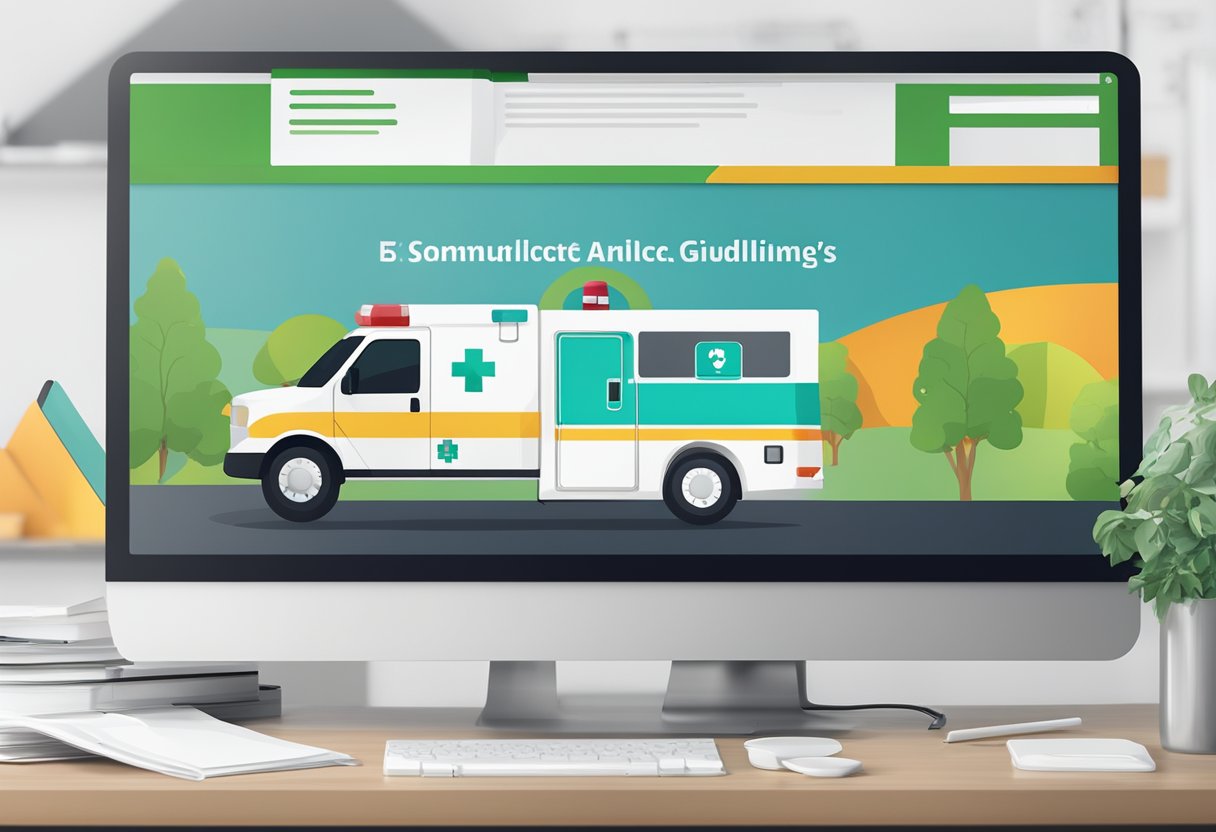 Empresas de Ambulância: Escolhendo o Serviço Certo para Emergências 7 O logotipo de uma empresa de ambulâncias exibido em uma tela de computador com um documento de política de privacidade e diretrizes de proteção de dados em uma mesa