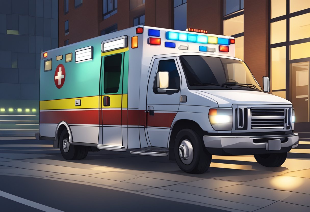 Uma ambulância particular estacionada do lado de fora de um prédio com suas luzes piscando