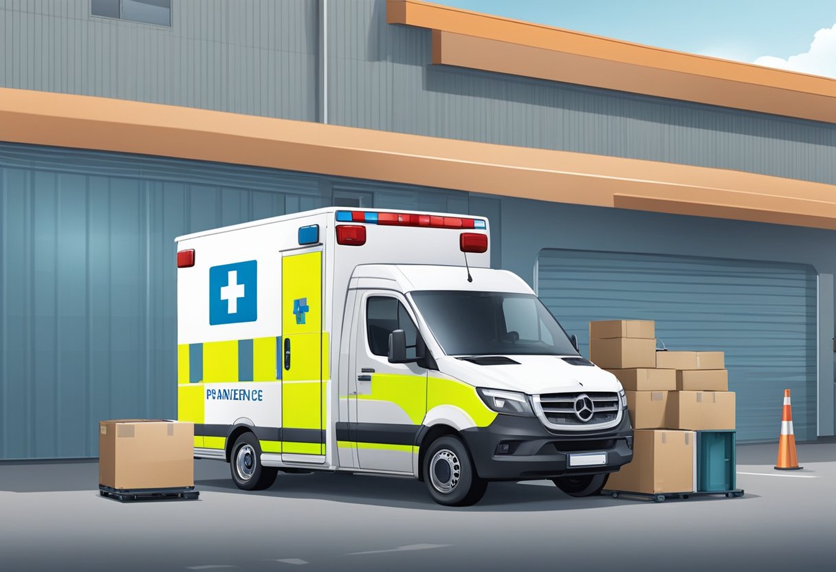 Uma ambulância particular estacionada do lado de fora de um centro de logística, com funcionários descarregando suprimentos médicos.