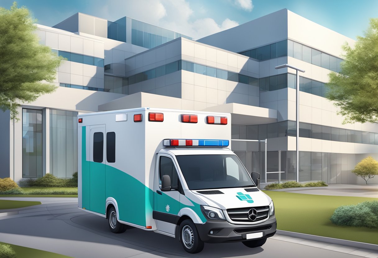 Uma ambulância particular estacionada do lado de fora de uma moderna instalação médica com equipamentos e infraestrutura de última geração.