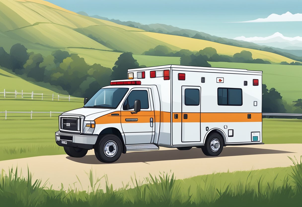 Uma ambulância particular estacionada em uma área rural, com colinas onduladas e um céu claro ao fundo.