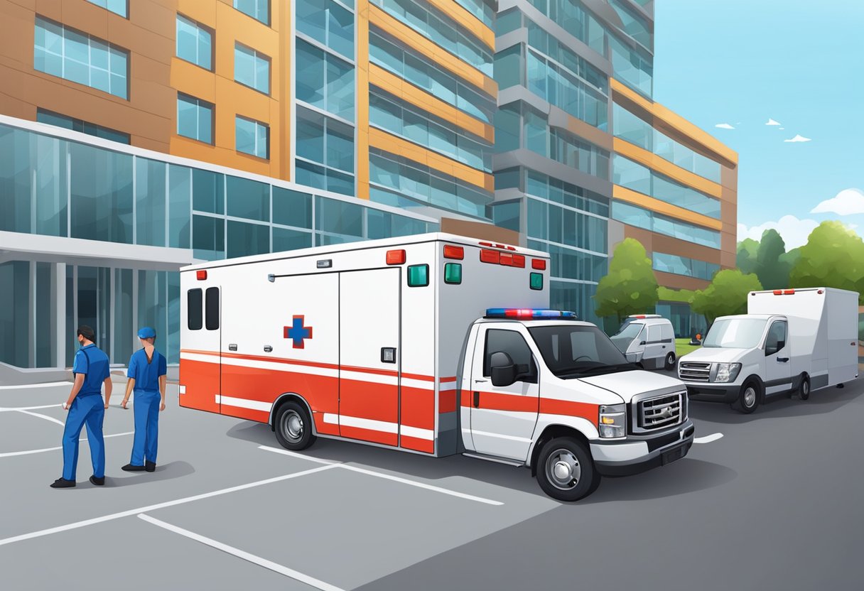 Uma ambulância particular estacionada em frente a um hospital, com paramédicos descarregando equipamentos médicos.