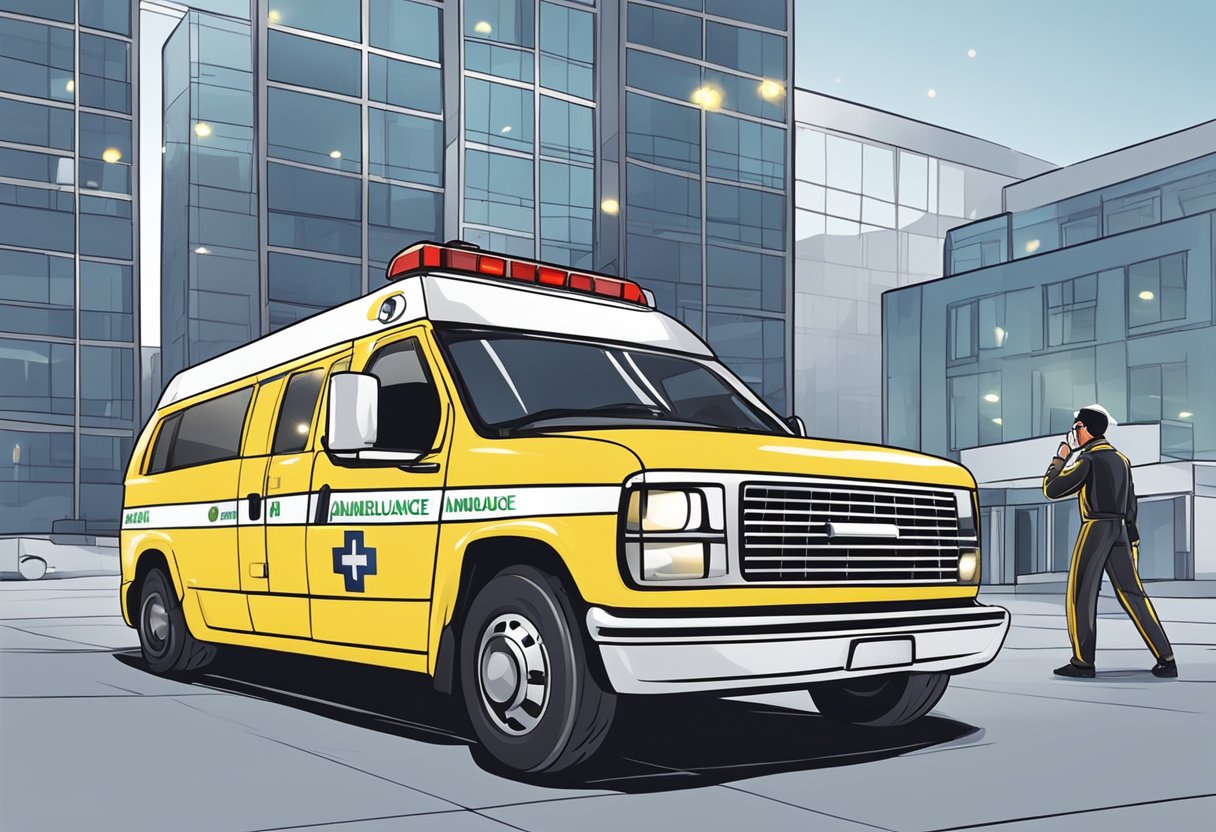 Uma pessoa chamando uma ambulância particular pelo telefone, enquanto um veículo com luzes piscantes e o logotipo da empresa chega ao seu local.