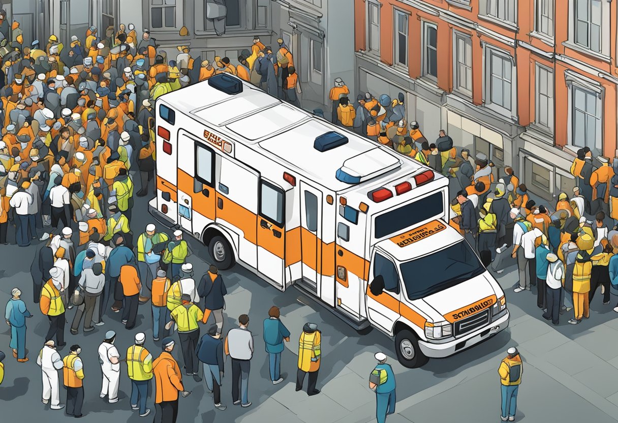 Ambulância para Eventos Preço: Fatores que Influenciam os Custos 1 Uma ambulância estacionada do lado de fora de um movimentado local de eventos, com paramédicos atendendo a um paciente em uma maca enquanto uma multidão de curiosos se reúne ao redor.