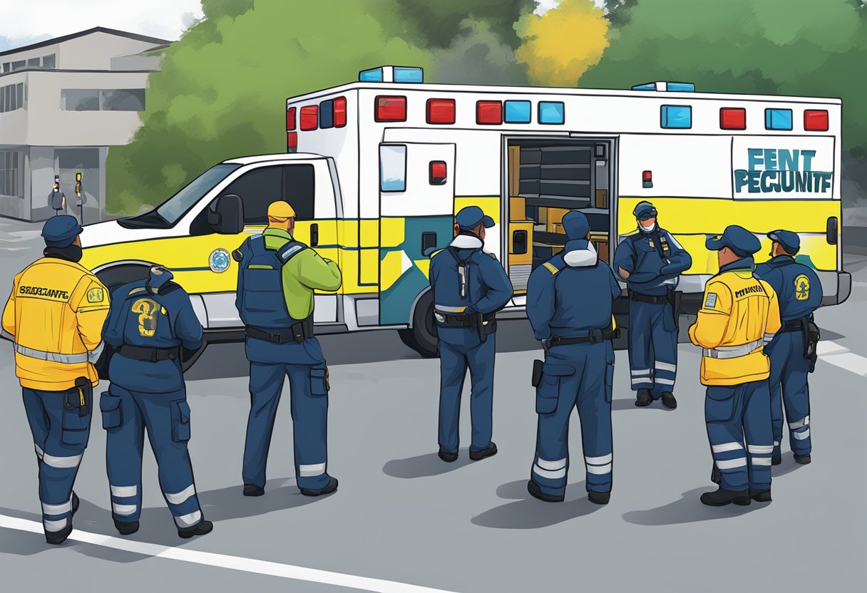 Ambulância para Eventos Preço: Fatores que Influenciam os Custos 2 Um grupo de pessoal de segurança de eventos coordena com uma equipe de paramédicos, enquanto uma ambulância está estacionada nas proximidades.