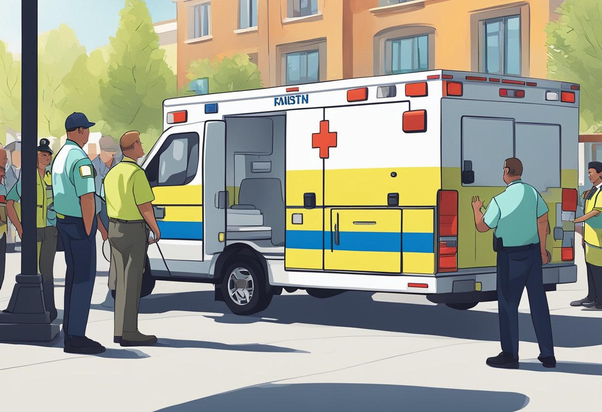 Ambulância para Eventos Preço: Fatores que Influenciam os Custos 3 Um grupo de pessoas discutindo e apertando as mãos de um paramédico ao lado de uma ambulância em um evento ao ar livre