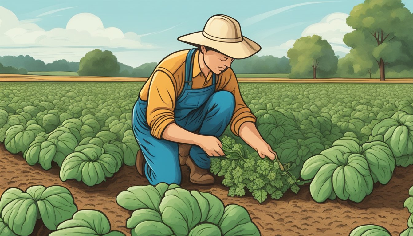 A farmer applying natural remedies to cucurbit plants to manage downy mildew