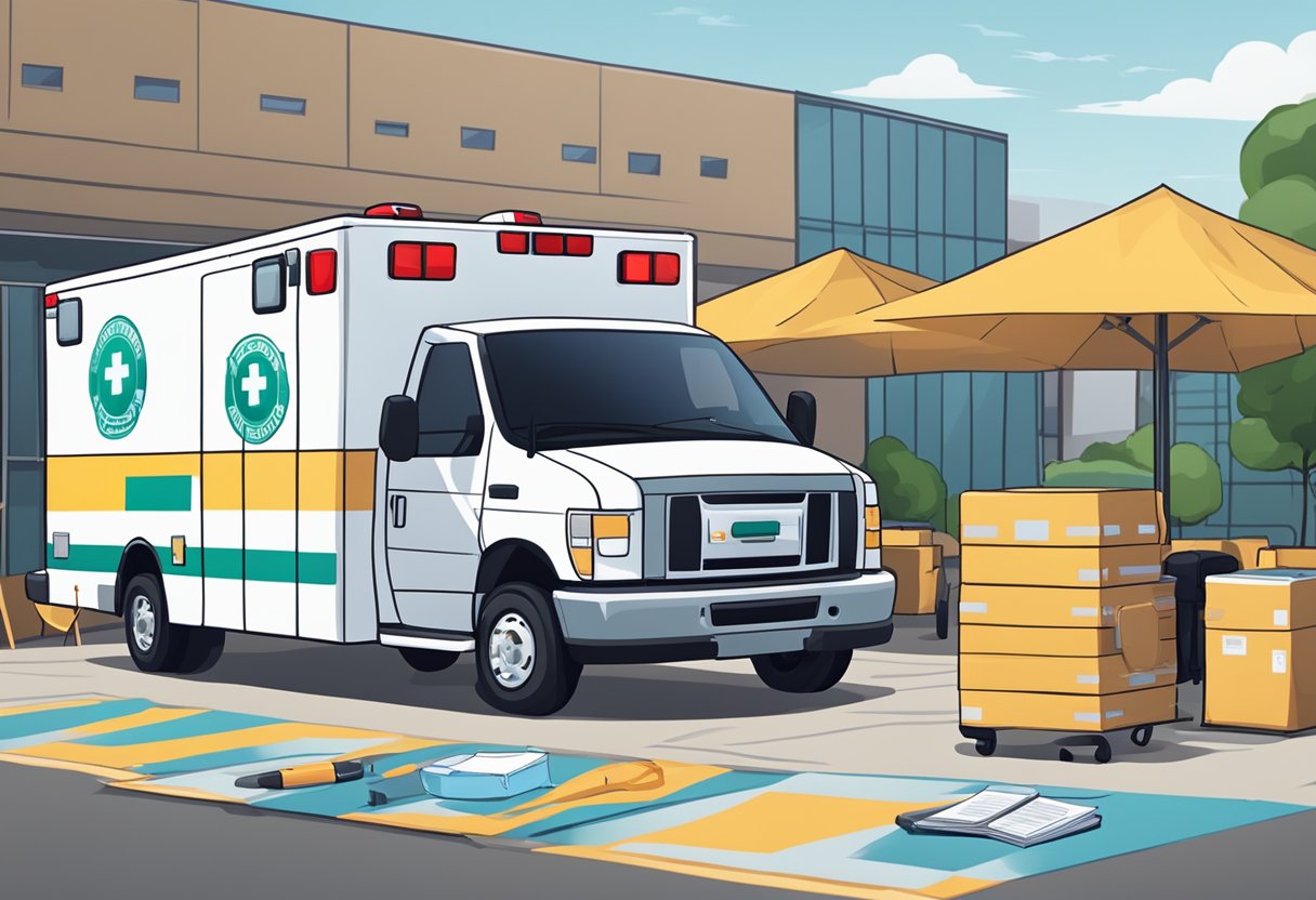 Ambulância para Eventos Preço: Fatores que Influenciam os Custos 4 Uma ambulância estacionada em um local de evento, com uma folha de cálculo de custos e orçamento em uma prancheta, cercada por equipamentos e suprimentos para eventos.