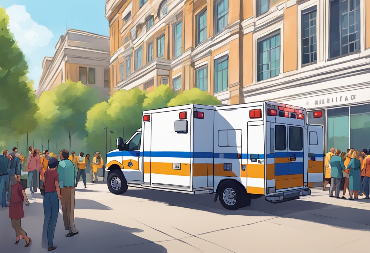 Ambulância para Eventos Preço: Fatores que Influenciam os Custos 5 Uma ambulância estacionada do lado de fora de um local de evento, com pessoas sendo atendidas pela equipe médica.