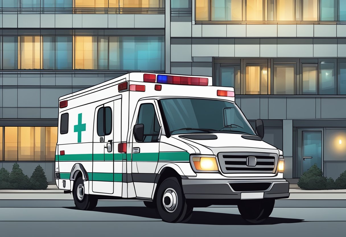 Uma ambulância particular estacionada do lado de fora de um hospital com suas luzes piscando, esperando para transportar um paciente.