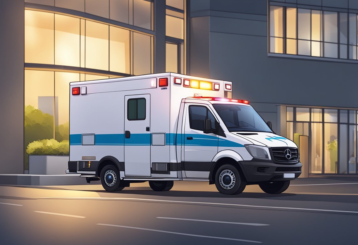 Uma ambulância particular estacionada do lado de fora de um hospital, com suas luzes piscando e o motorista em pé ao lado.
