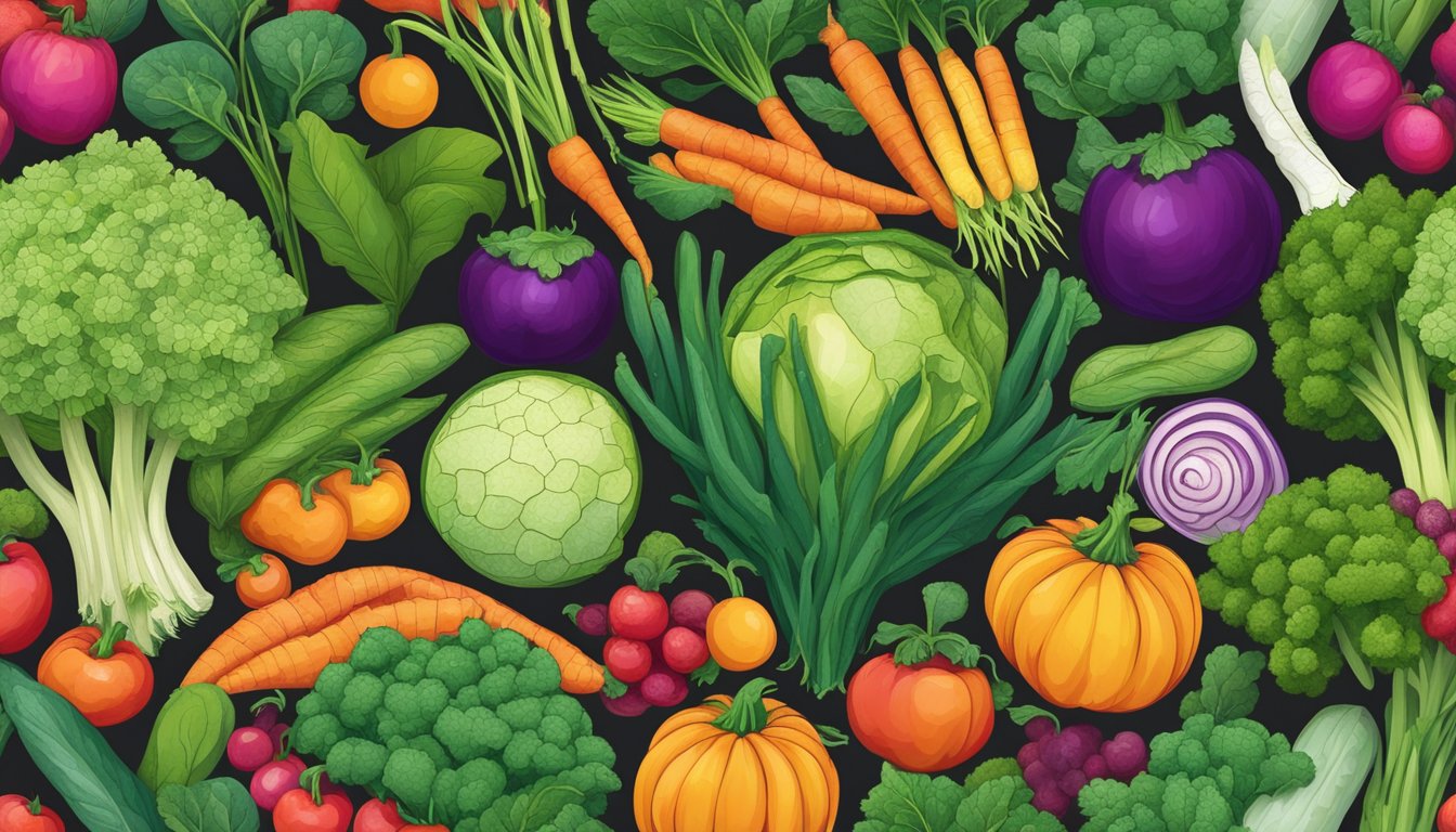 A vibrant, diverse array of vegetables infected with mosaic viruses, surrounded by healthy plants