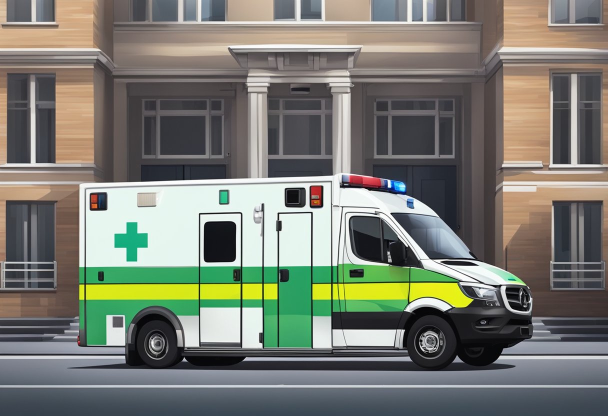 Uma ambulância particular estacionada do lado de fora de um prédio, com paramédicos e equipamentos médicos visíveis através das portas abertas.
