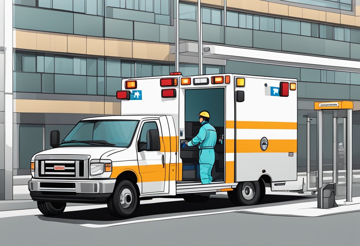 Uma ambulância particular estacionada do lado de fora de um hospital, com um paramédico carregando suprimentos médicos no veículo.