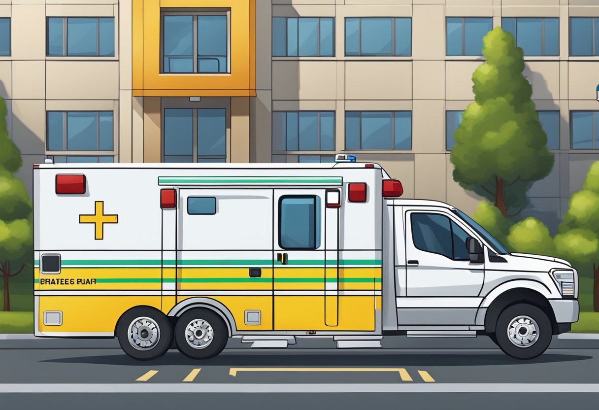 Uma ambulância particular estacionada do lado de fora de um hospital, com suas luzes piscando e um paramédico ao lado.