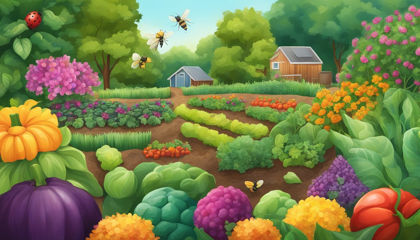 A garden filled with vibrant, healthy vegetables, surrounded by natural elements like bees, ladybugs, and compost piles, with no signs of chemical use