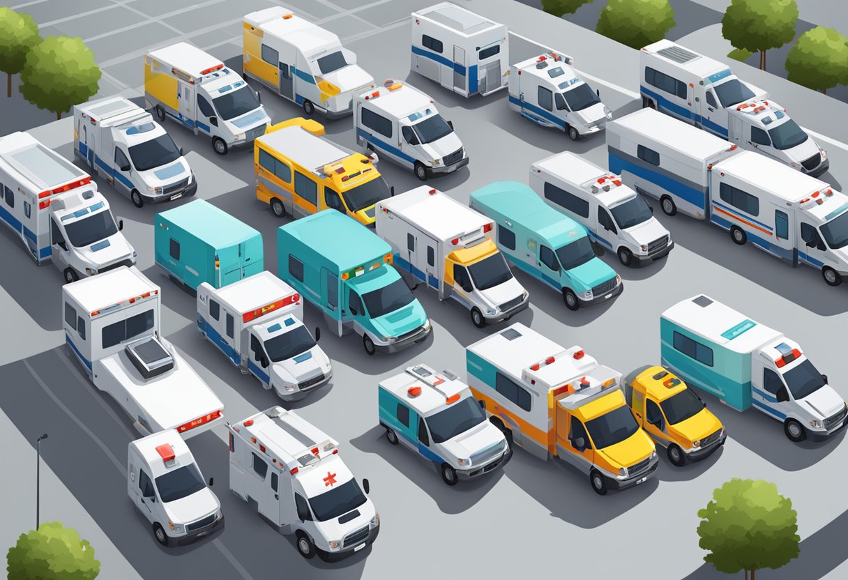 Uma variedade de ambulâncias estacionadas do lado de fora de um hospital, com diferentes tamanhos e designs, prontas para uso em emergências.