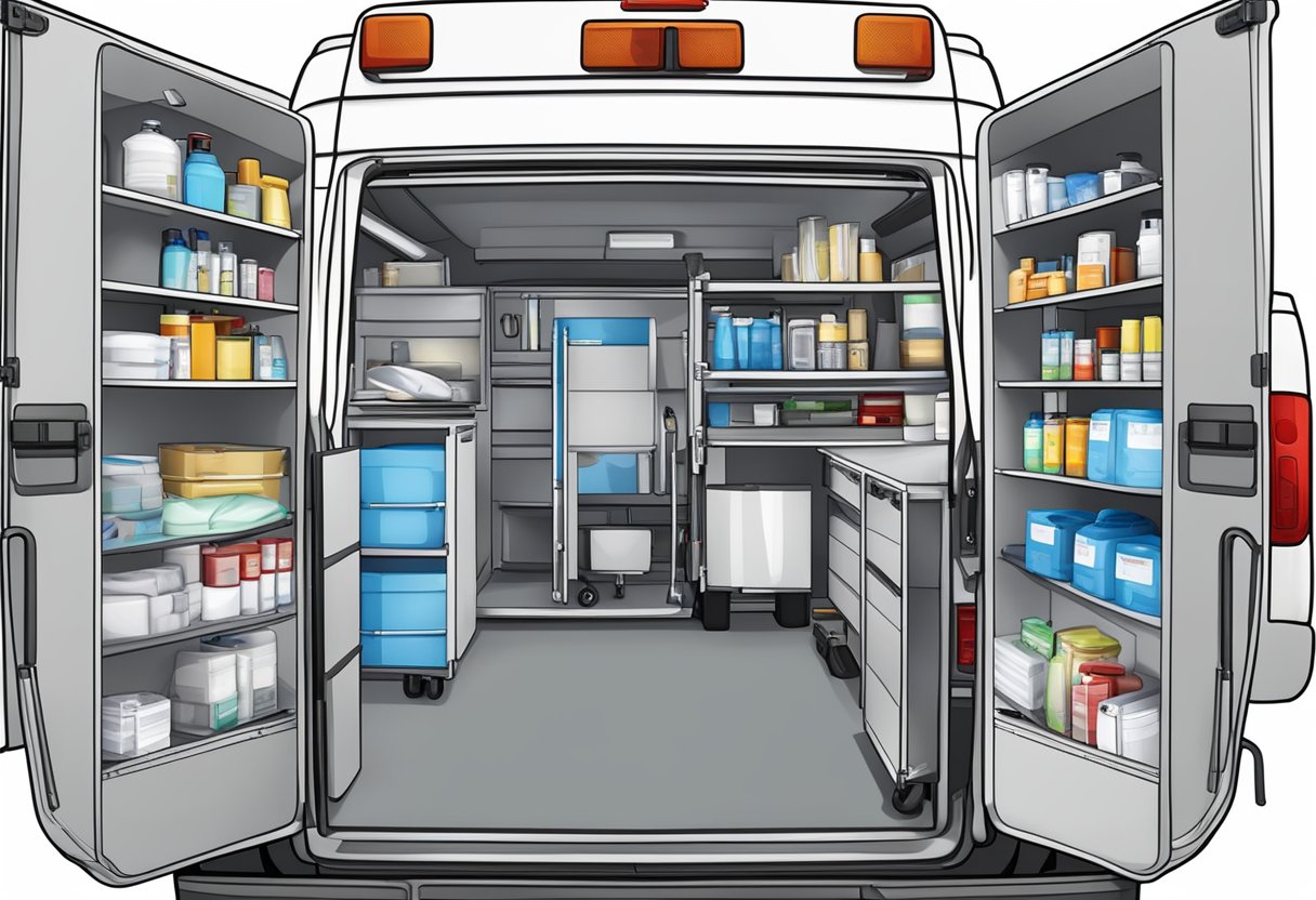 Uma ambulância totalmente equipada com equipamentos e suprimentos médicos organizados de forma ordenada e prontos para uso