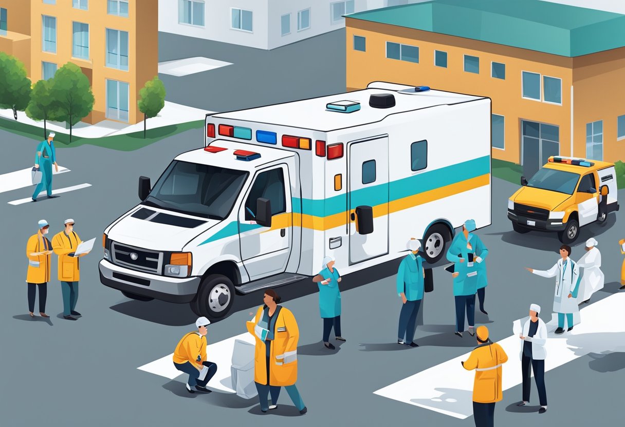 Uma equipe médica e profissionais de saúde trabalhando juntos em torno de uma ambulância
