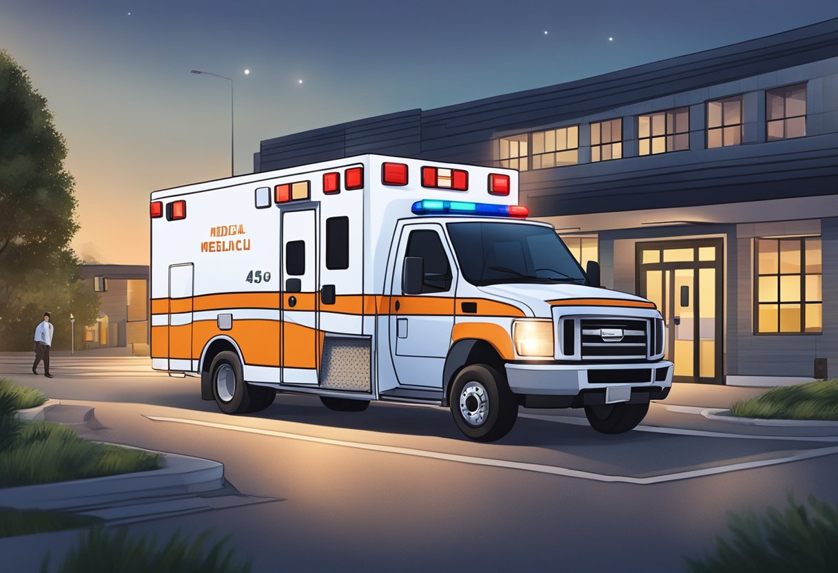 Uma ambulância estacionada do lado de fora de uma unidade médica, com um paramédico em pé nas proximidades e as luzes do veículo piscando.