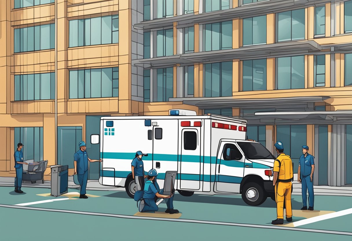 Uma ambulância estacionada do lado de fora de um prédio, com paramédicos carregando equipamentos médicos e conversando com um cliente sobre preços.